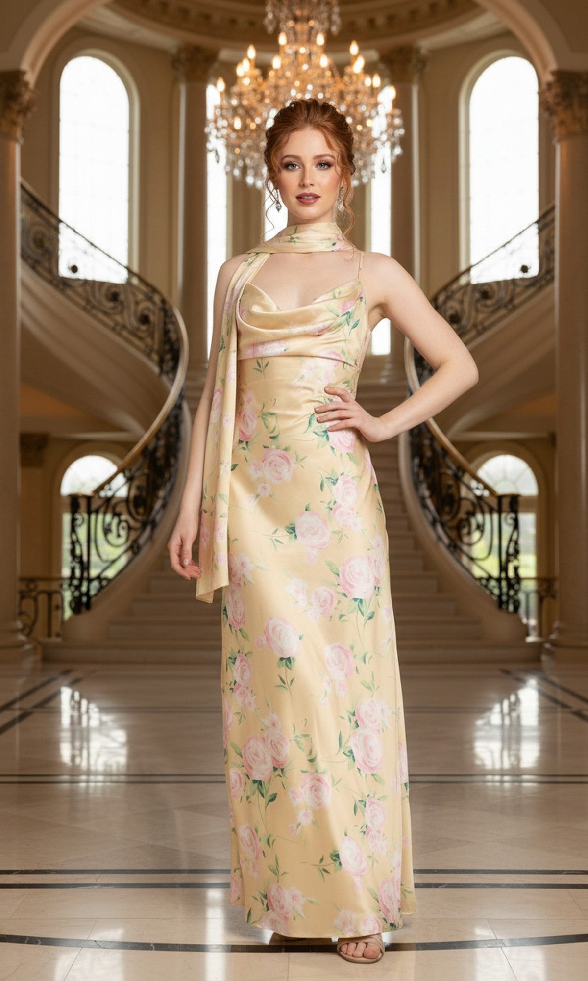 A woman in a grand foyer with curved staircases and a chandelier wears the elegant Yellow Floral Satin Prom Dress: Morgan 14175.